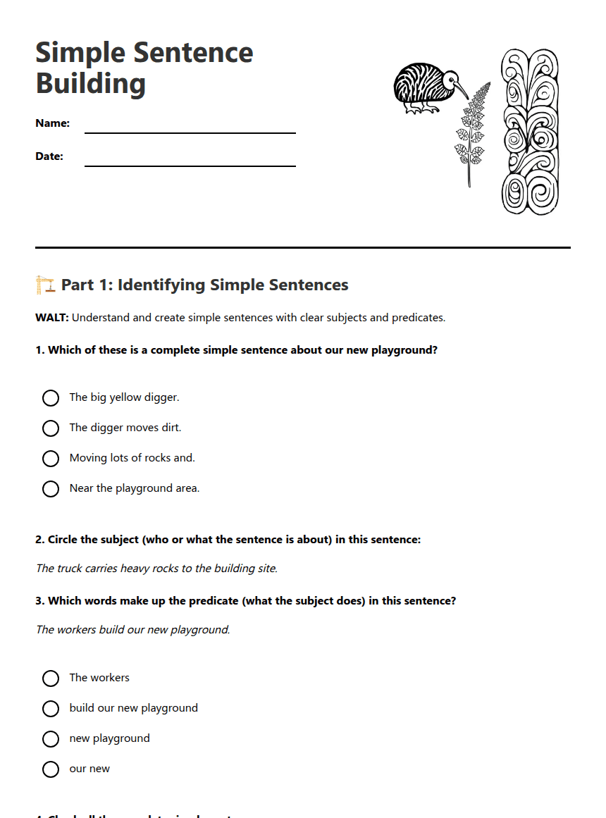 Simple Sentence Building worksheet preview
