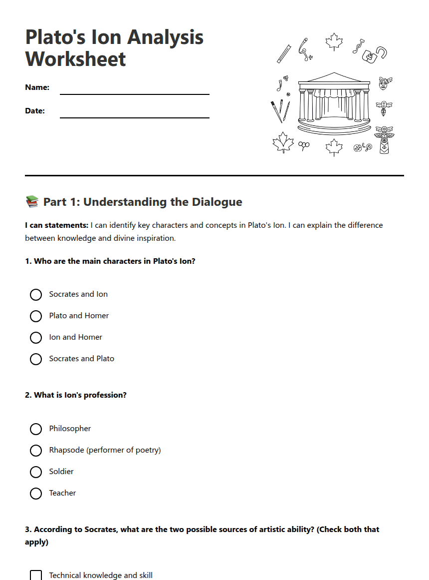 Plato's Ion Analysis Worksheet worksheet preview