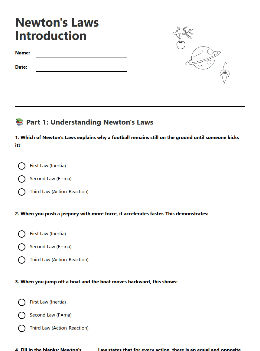 Newton's Laws Introduction worksheet preview