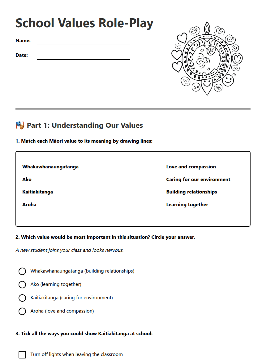 School Values Role-Play worksheet preview