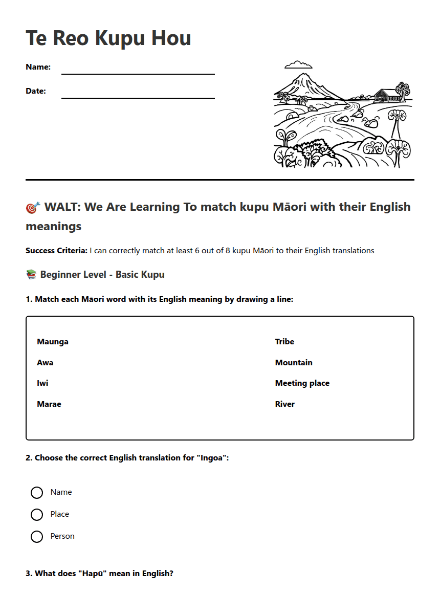 Te Reo Kupu Hou worksheet preview