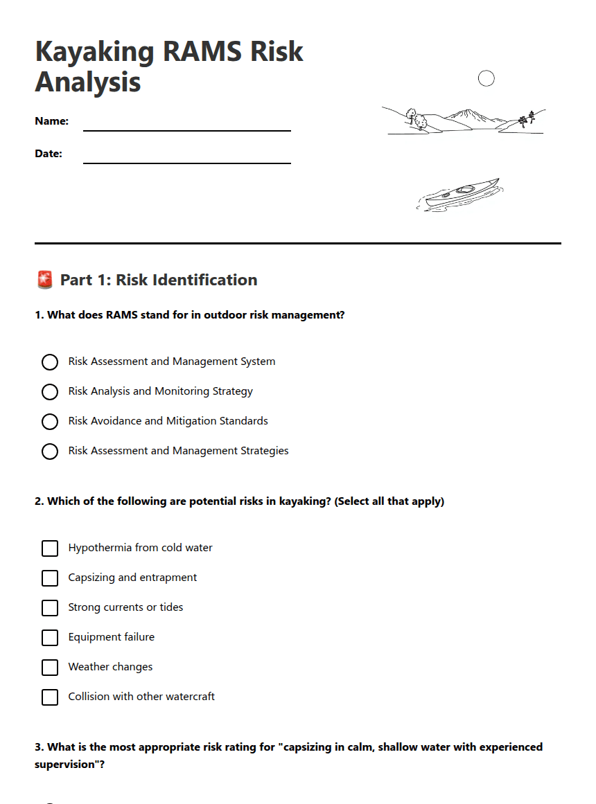Kayaking RAMS Risk Analysis worksheet preview