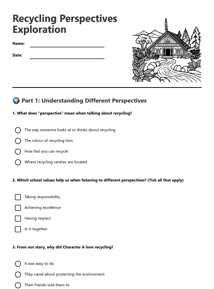 Recycling Perspectives Exploration worksheet preview