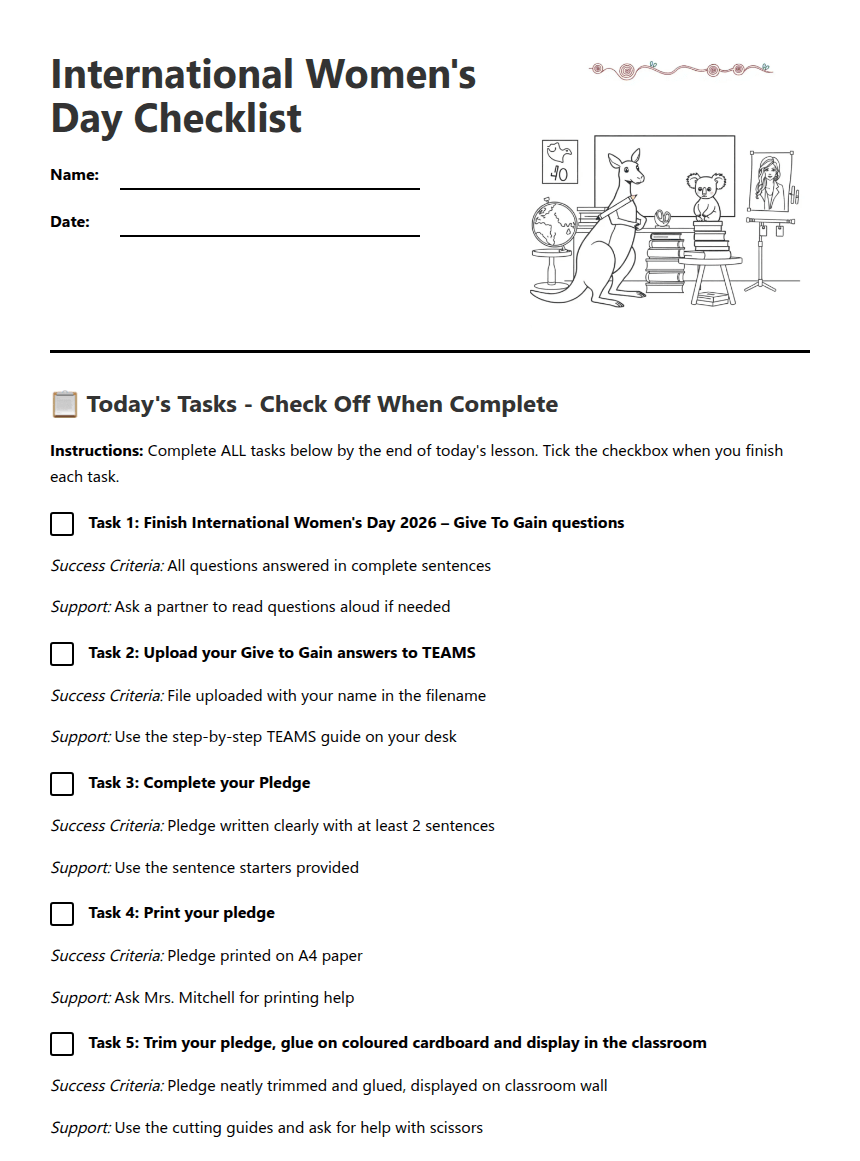 International Women's Day Checklist worksheet preview