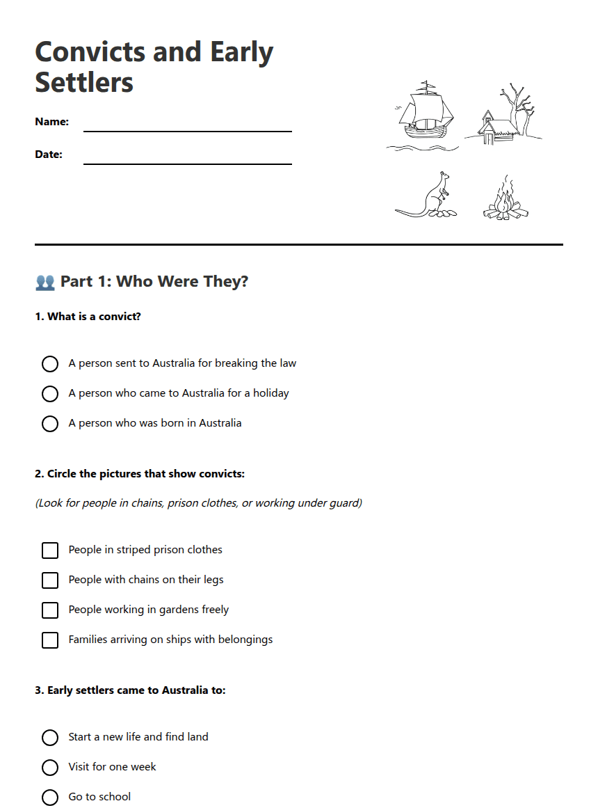 Convicts and Early Settlers worksheet preview