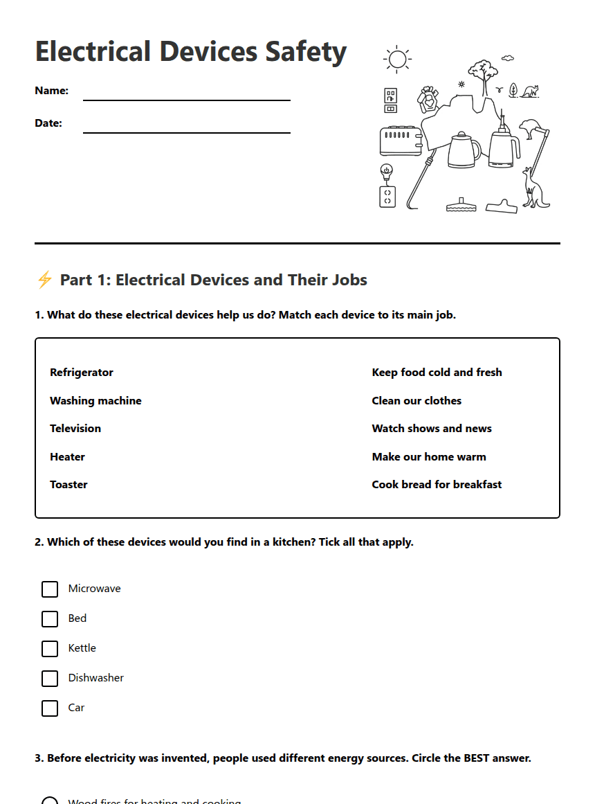 Electrical Devices Safety worksheet preview