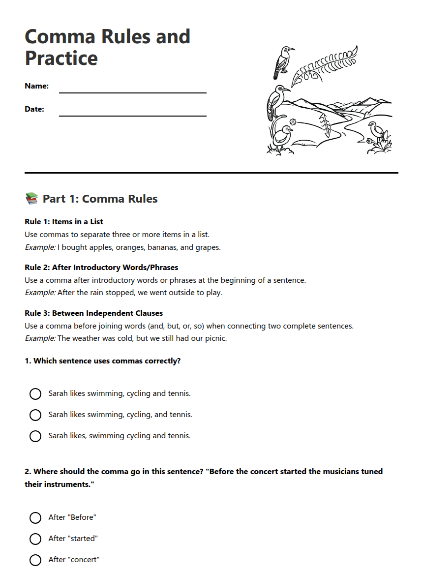 Comma Rules and Practice worksheet preview