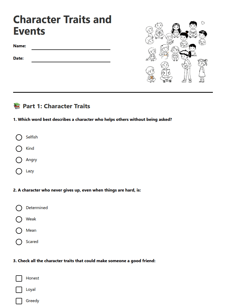 Character Traits and Events worksheet preview