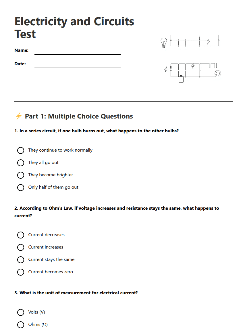 Electricity and Circuits Test worksheet preview