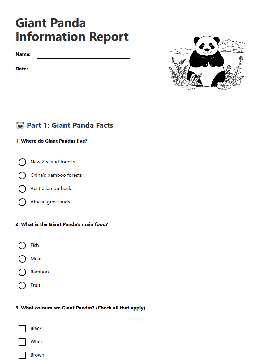 Giant Panda Information Report worksheet preview