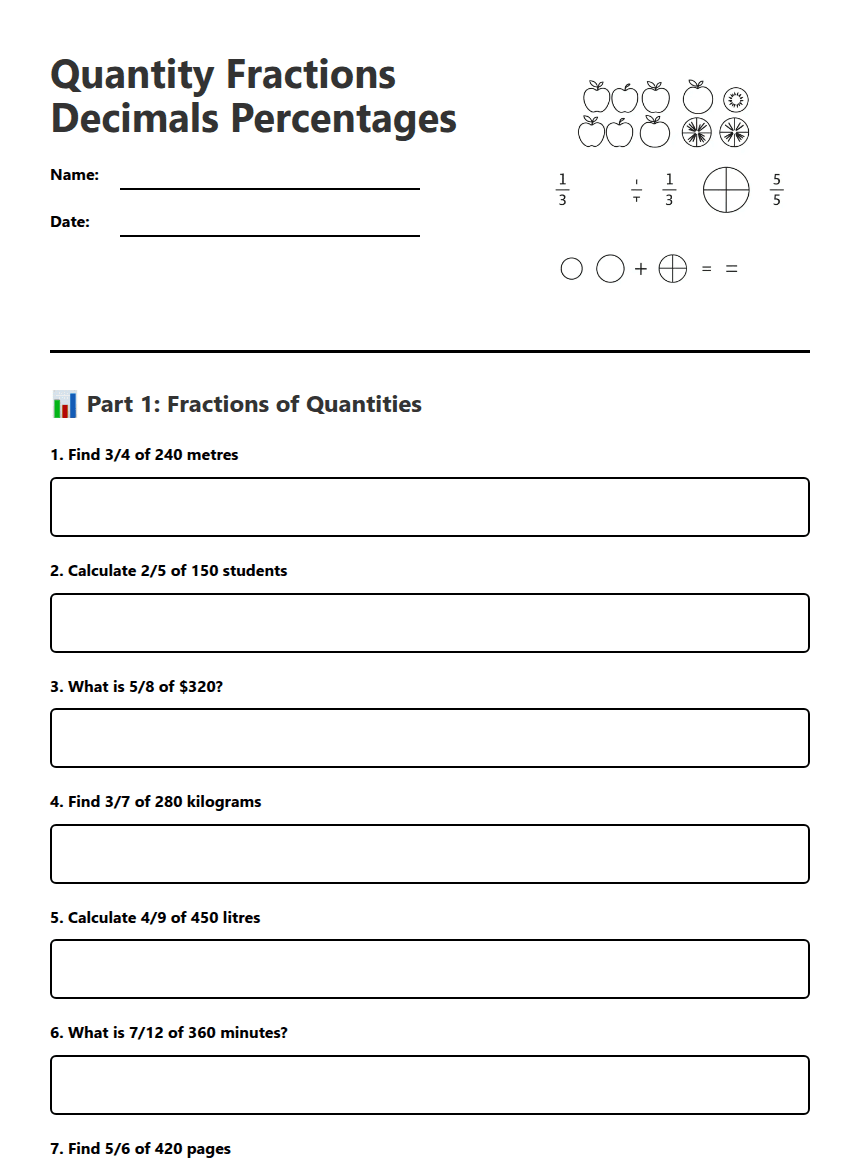 Quantity Fractions Decimals Percentages worksheet preview