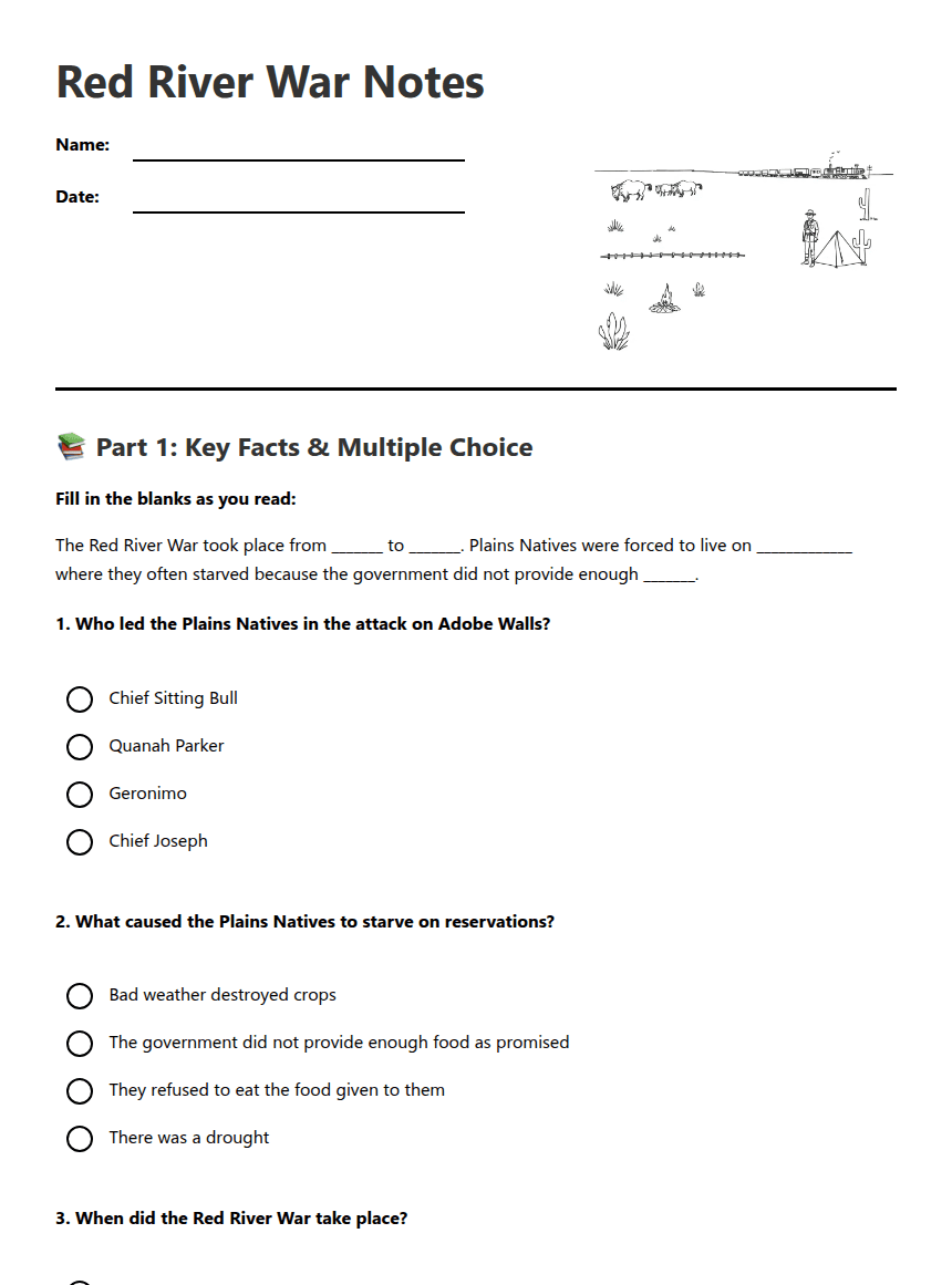 Red River War Notes worksheet preview