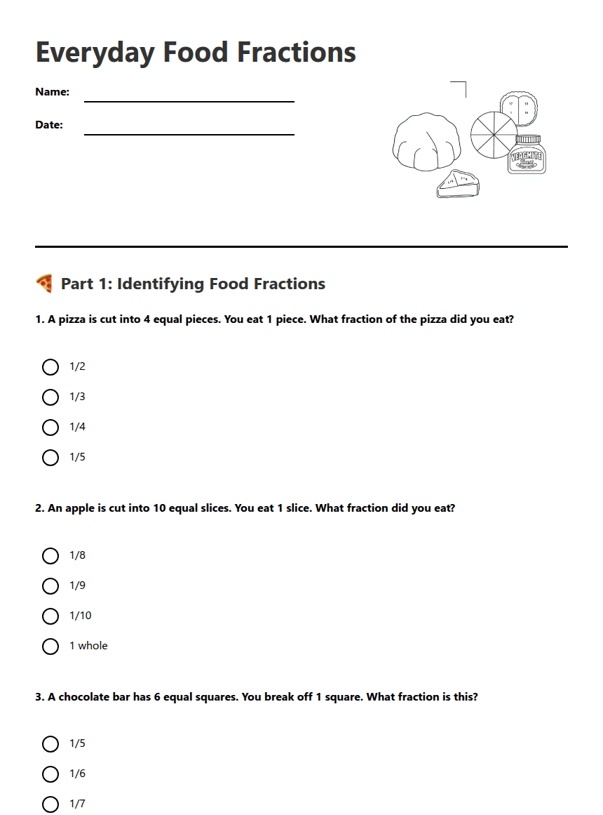 Everyday Food Fractions worksheet preview