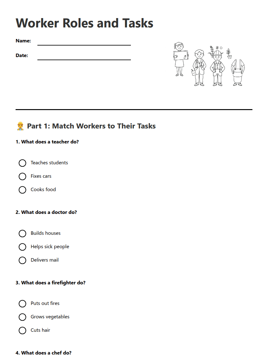 Worker Roles and Tasks worksheet preview