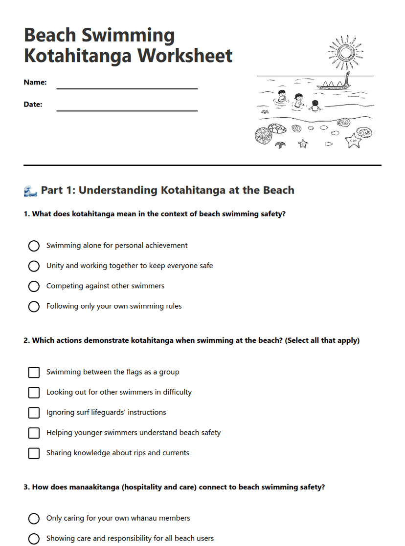 Beach Swimming Kotahitanga Worksheet