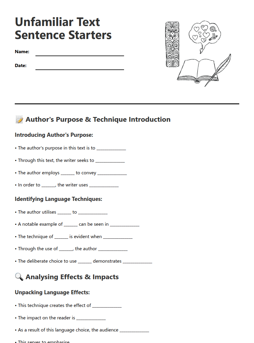 Unfamiliar Text Sentence Starters worksheet preview