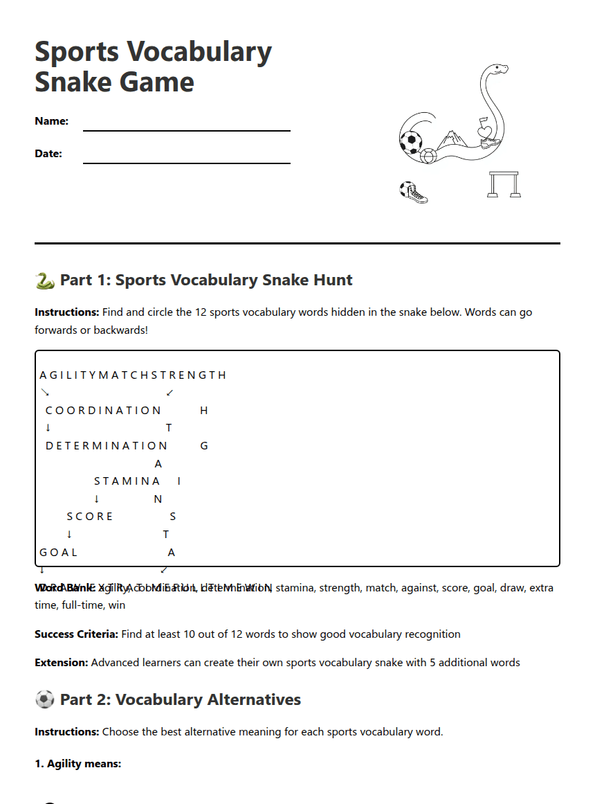 Sports Vocabulary Snake Game worksheet preview