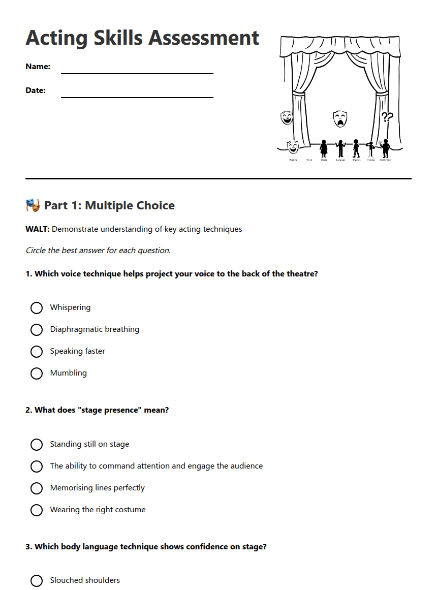 Acting Skills Assessment worksheet preview