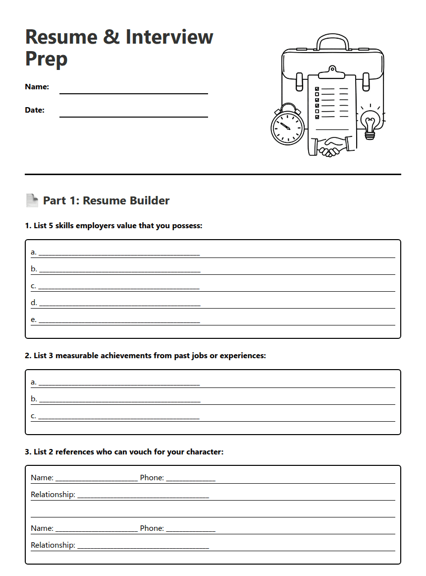 Resume & Interview Prep worksheet preview