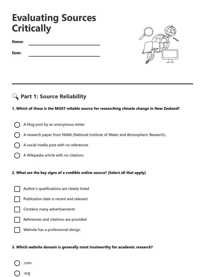 Evaluating Sources Critically worksheet preview