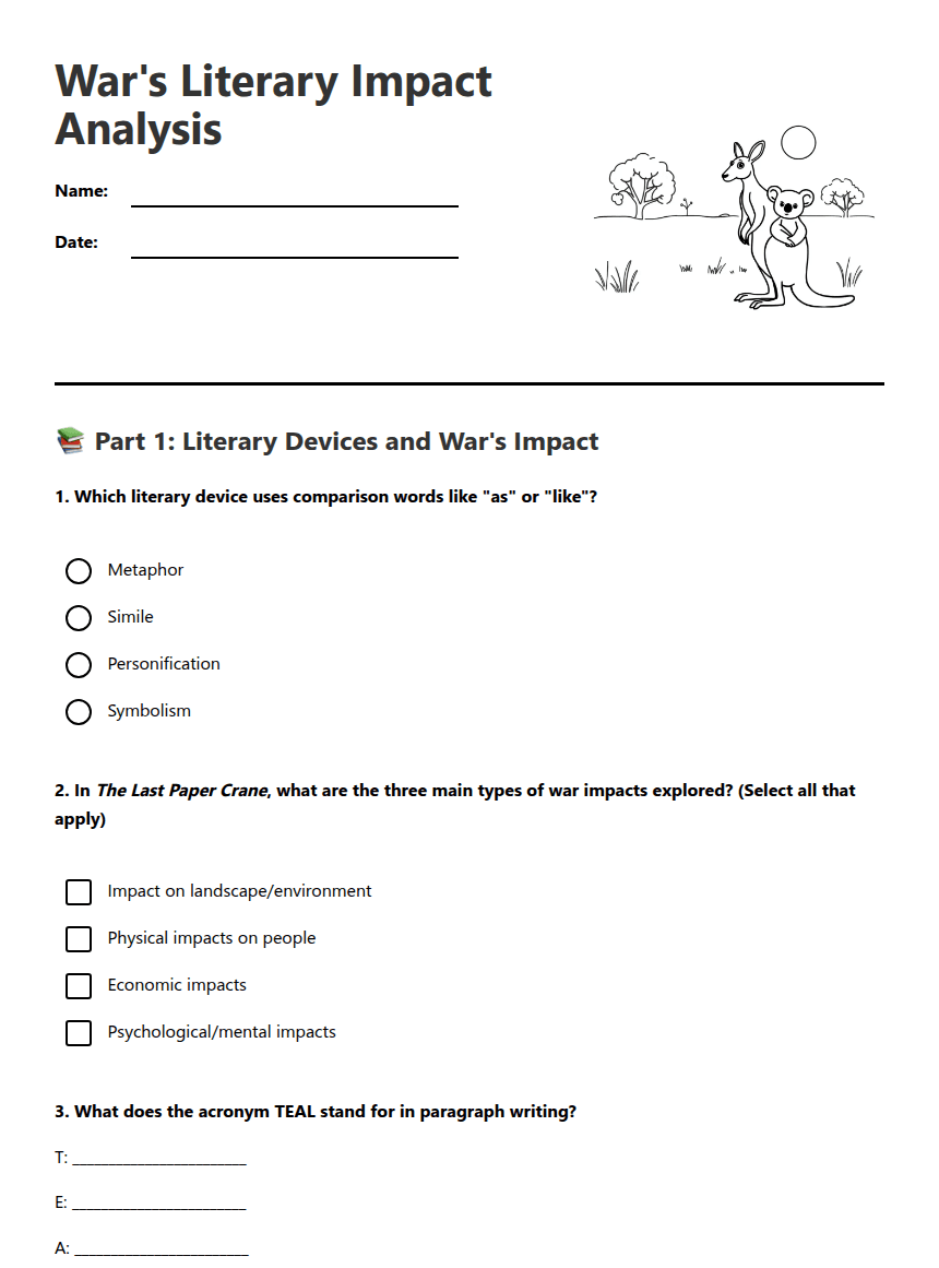 War's Literary Impact Analysis worksheet preview