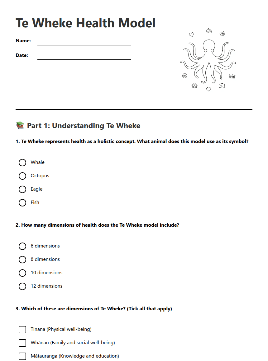 Te Wheke Health Model worksheet preview