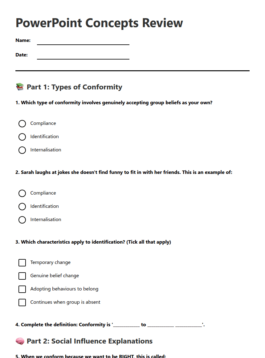 PowerPoint Concepts Review worksheet preview
