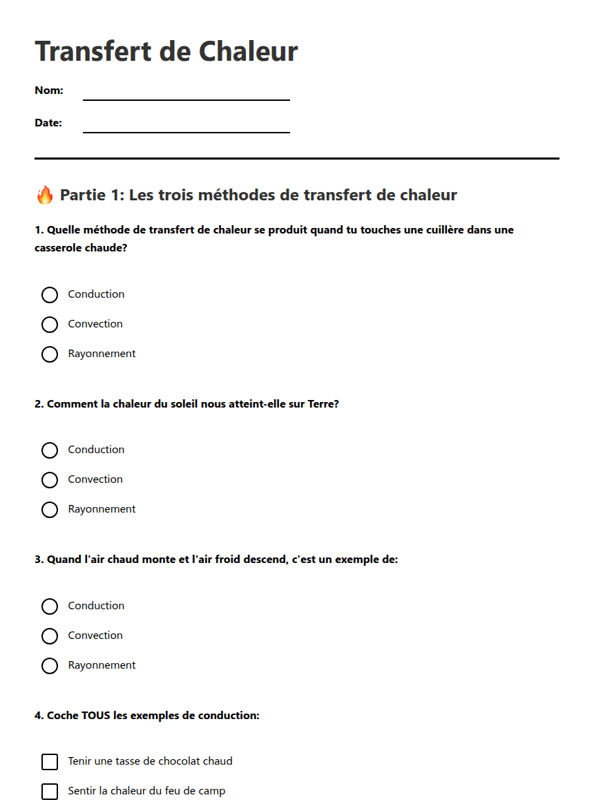 Transfert de Chaleur worksheet preview