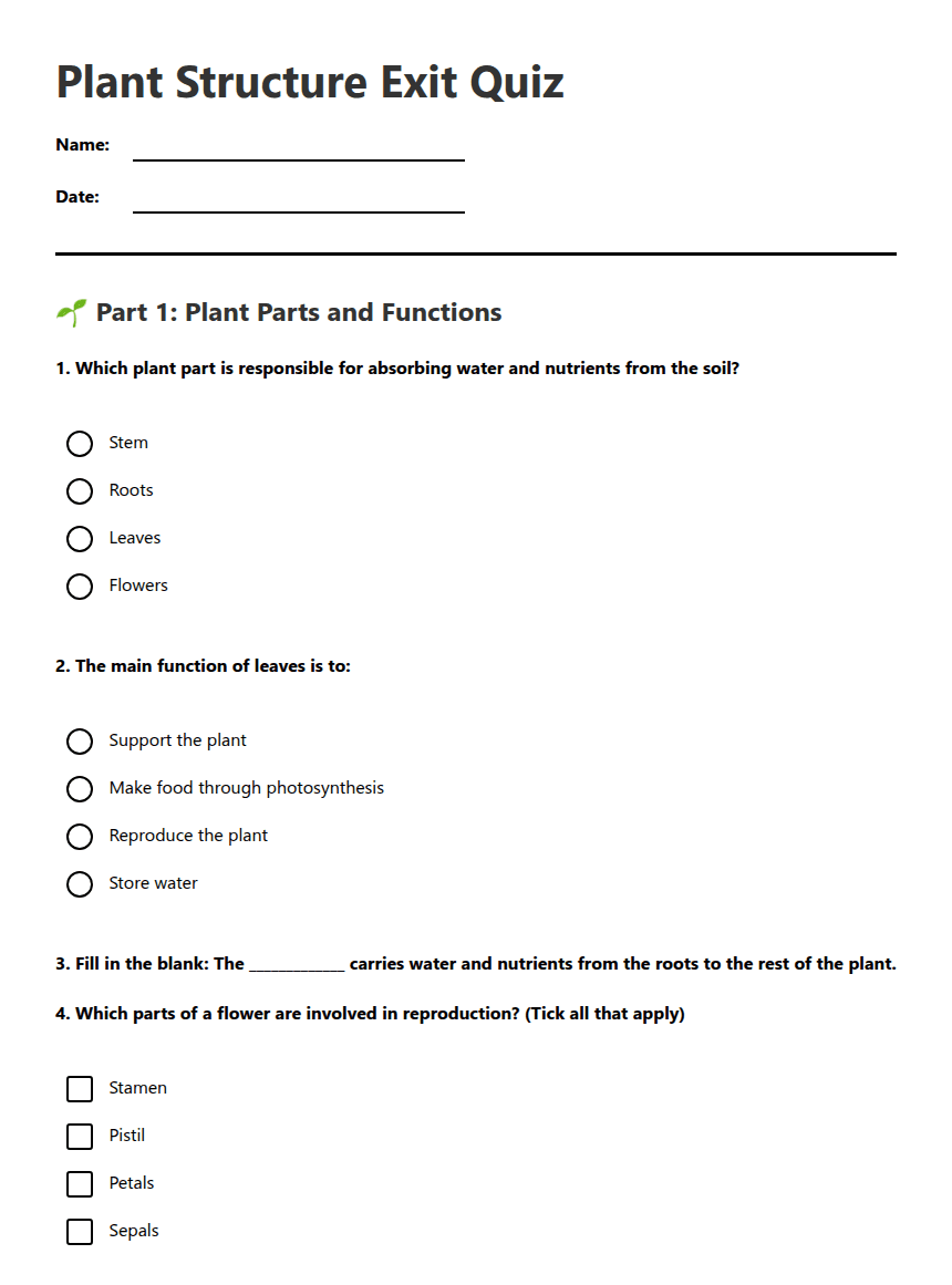 Plant Structure Exit Quiz worksheet preview
