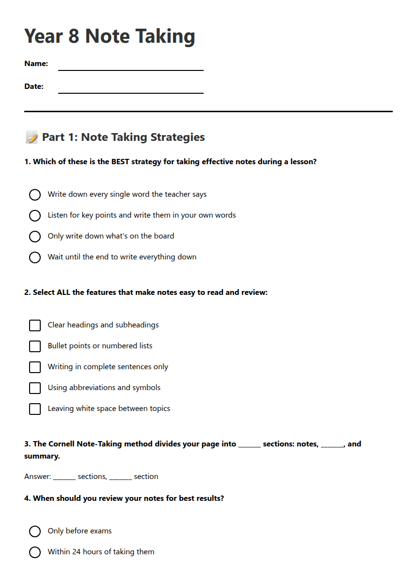 Year 8 Note Taking worksheet preview