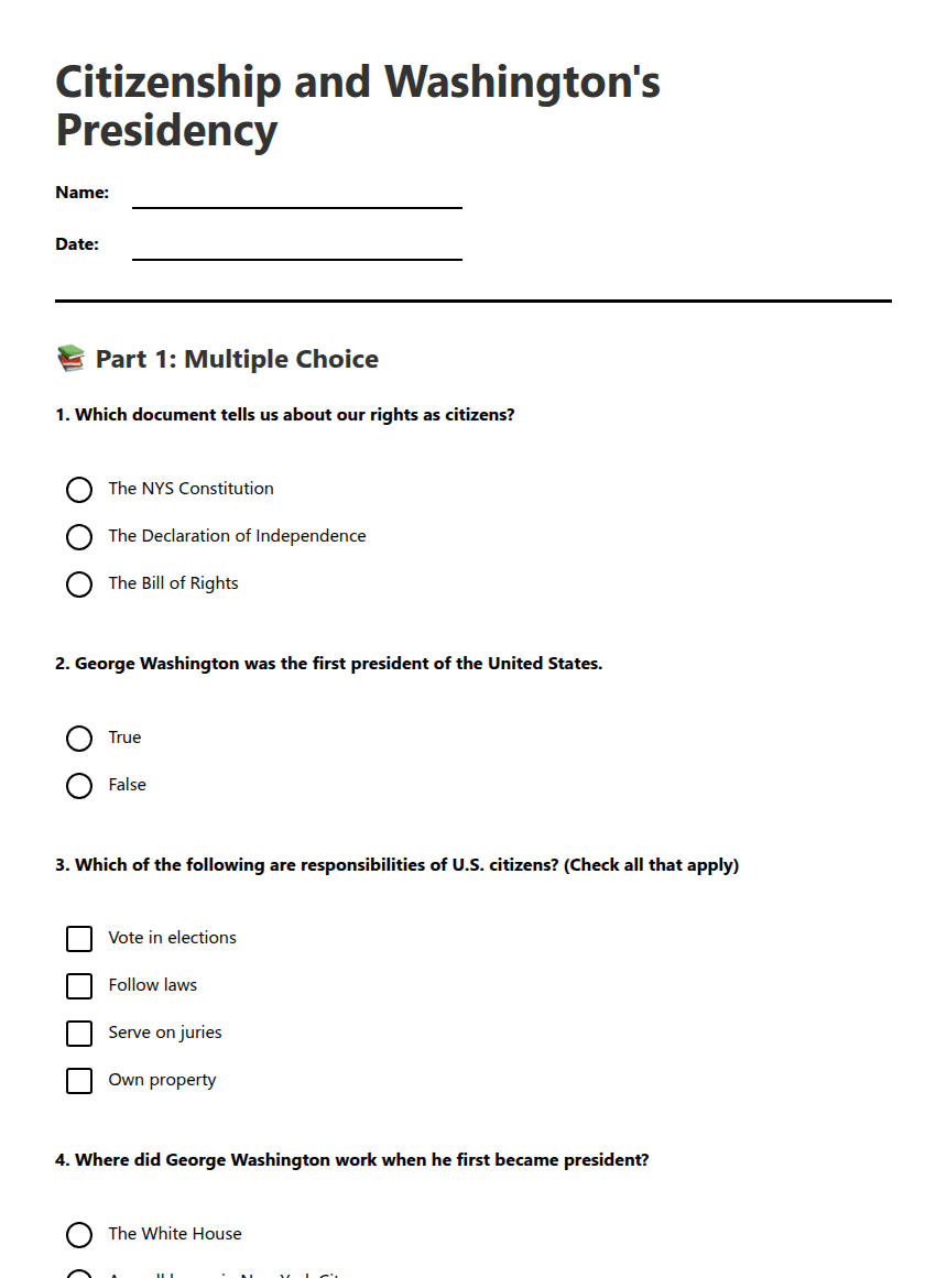Citizenship and Washington's Presidency worksheet preview