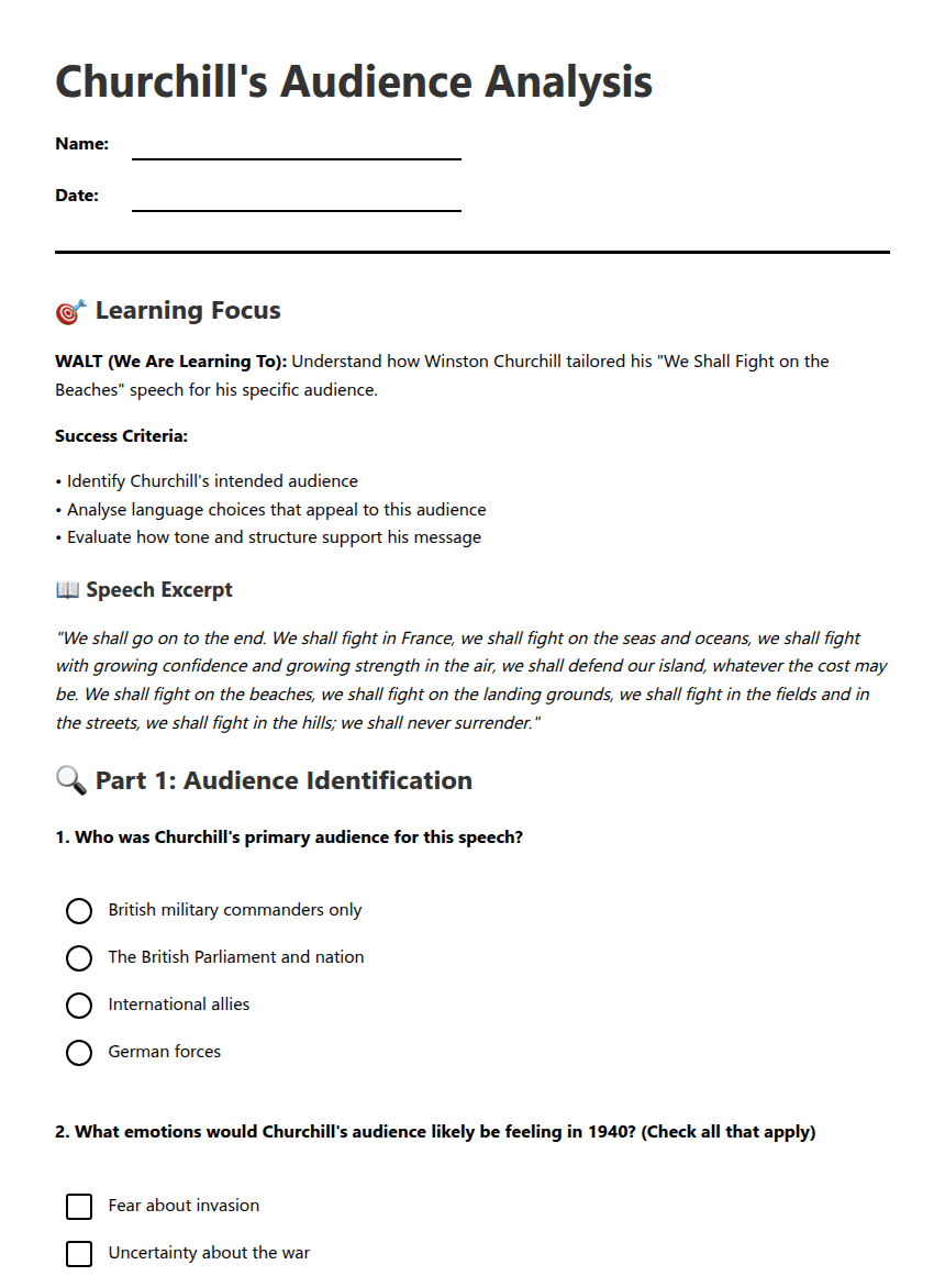 Churchill's Audience Analysis worksheet preview