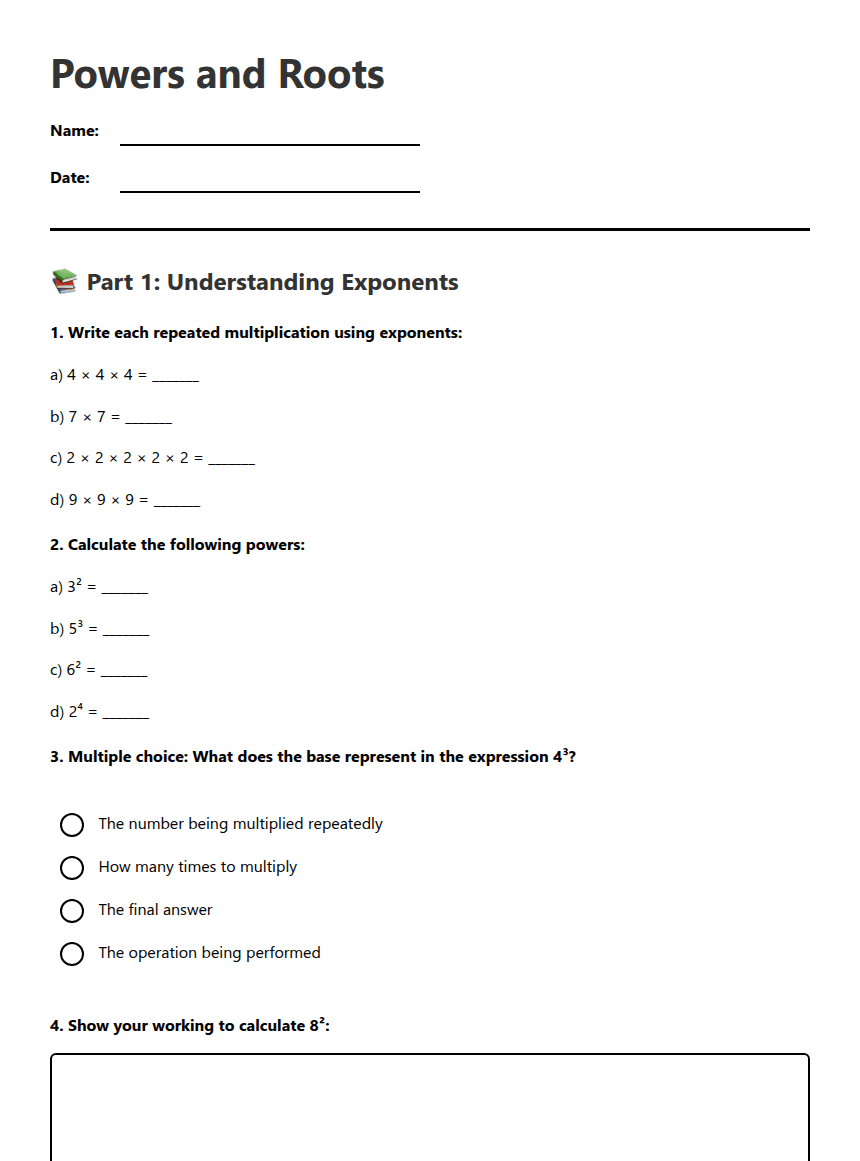 Powers and Roots worksheet preview