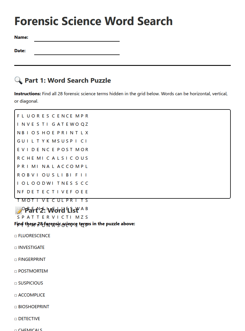 Forensic Science Word Search worksheet preview