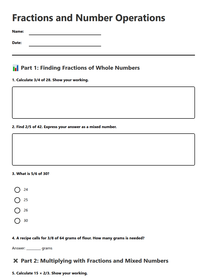 Fractions and Number Operations worksheet preview