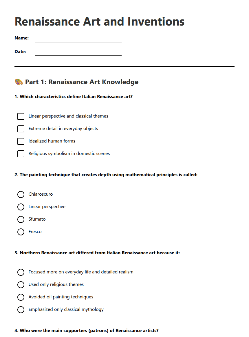 Renaissance Art and Inventions worksheet preview