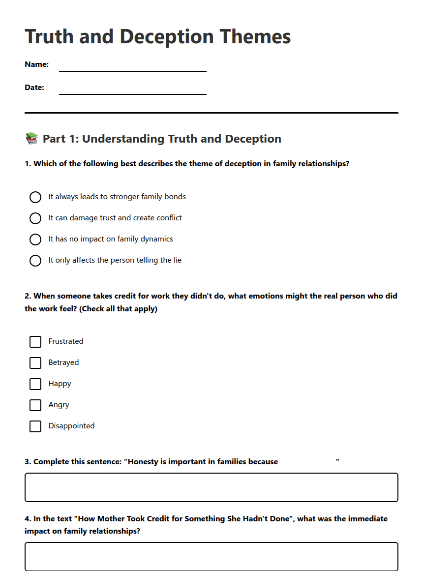 Truth and Deception Themes worksheet preview