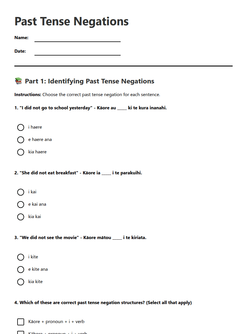 Past Tense Negations worksheet preview