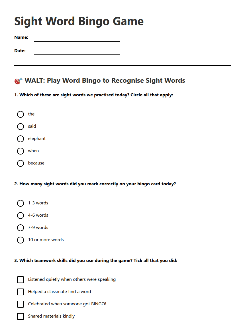 Sight Word Bingo Game worksheet preview