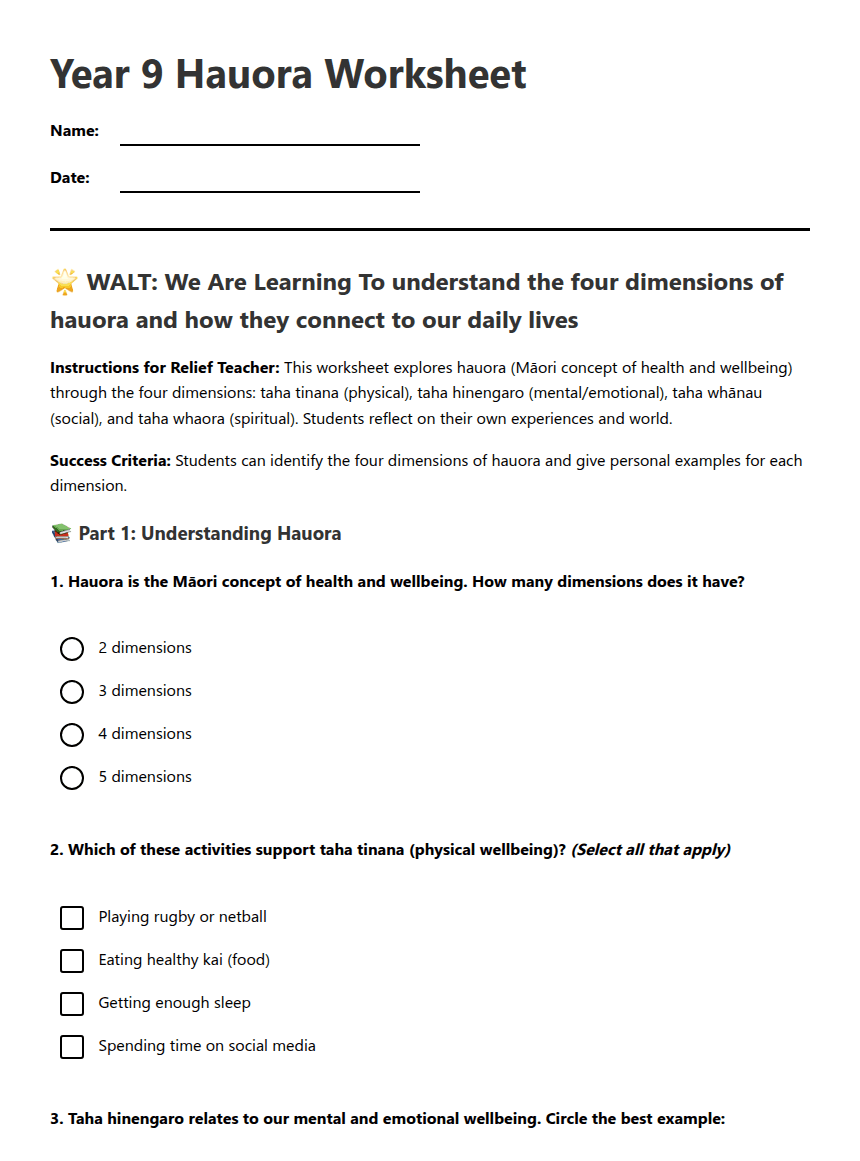 Year 9 Hauora Worksheet worksheet preview