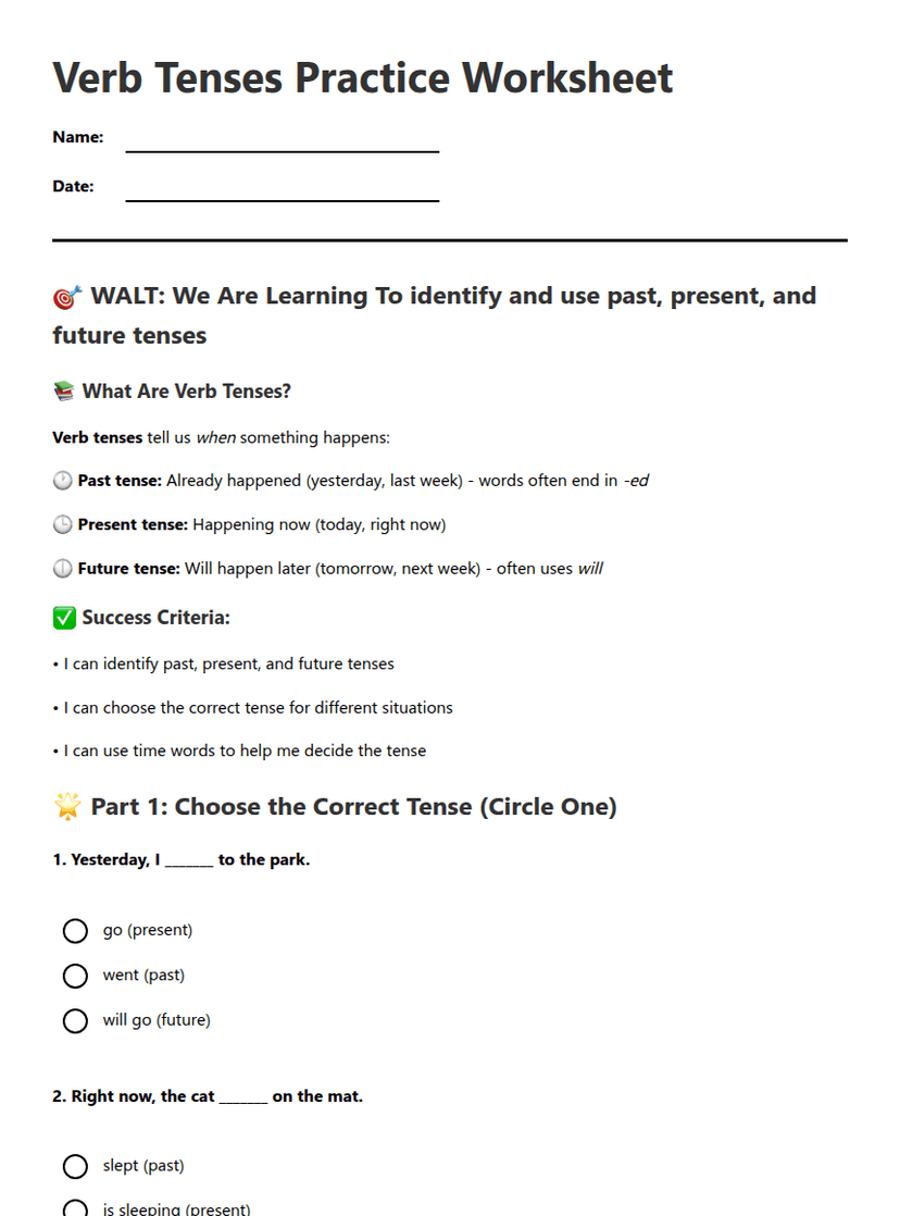 Verb Tenses Practice Worksheet