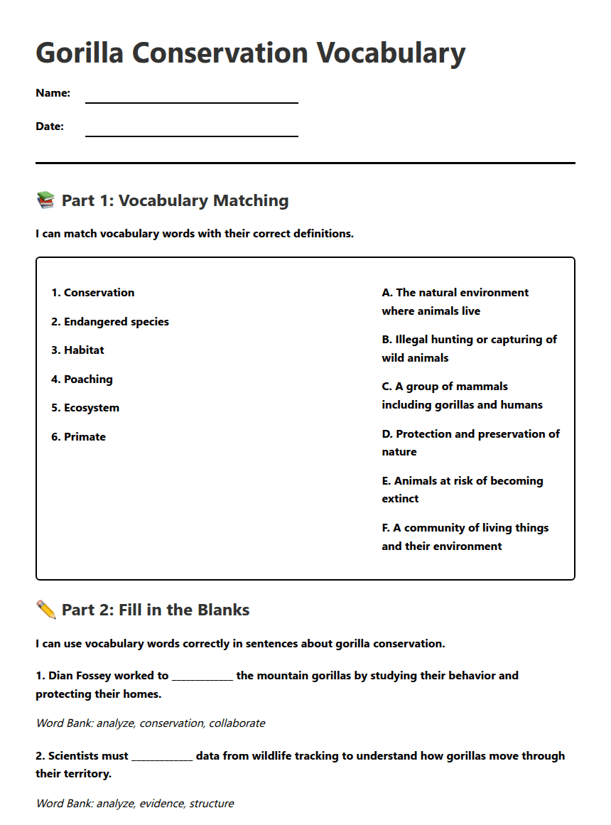 Gorilla Conservation Vocabulary worksheet preview