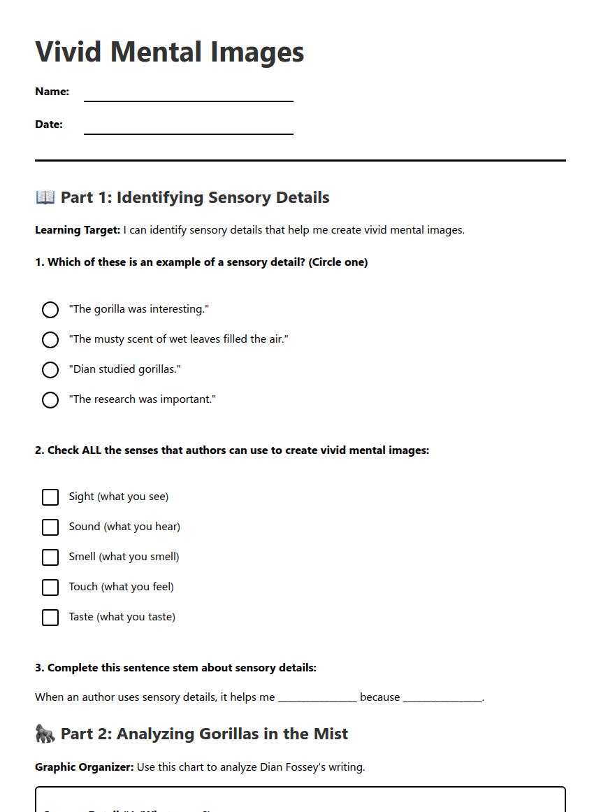 Vivid Mental Images worksheet preview