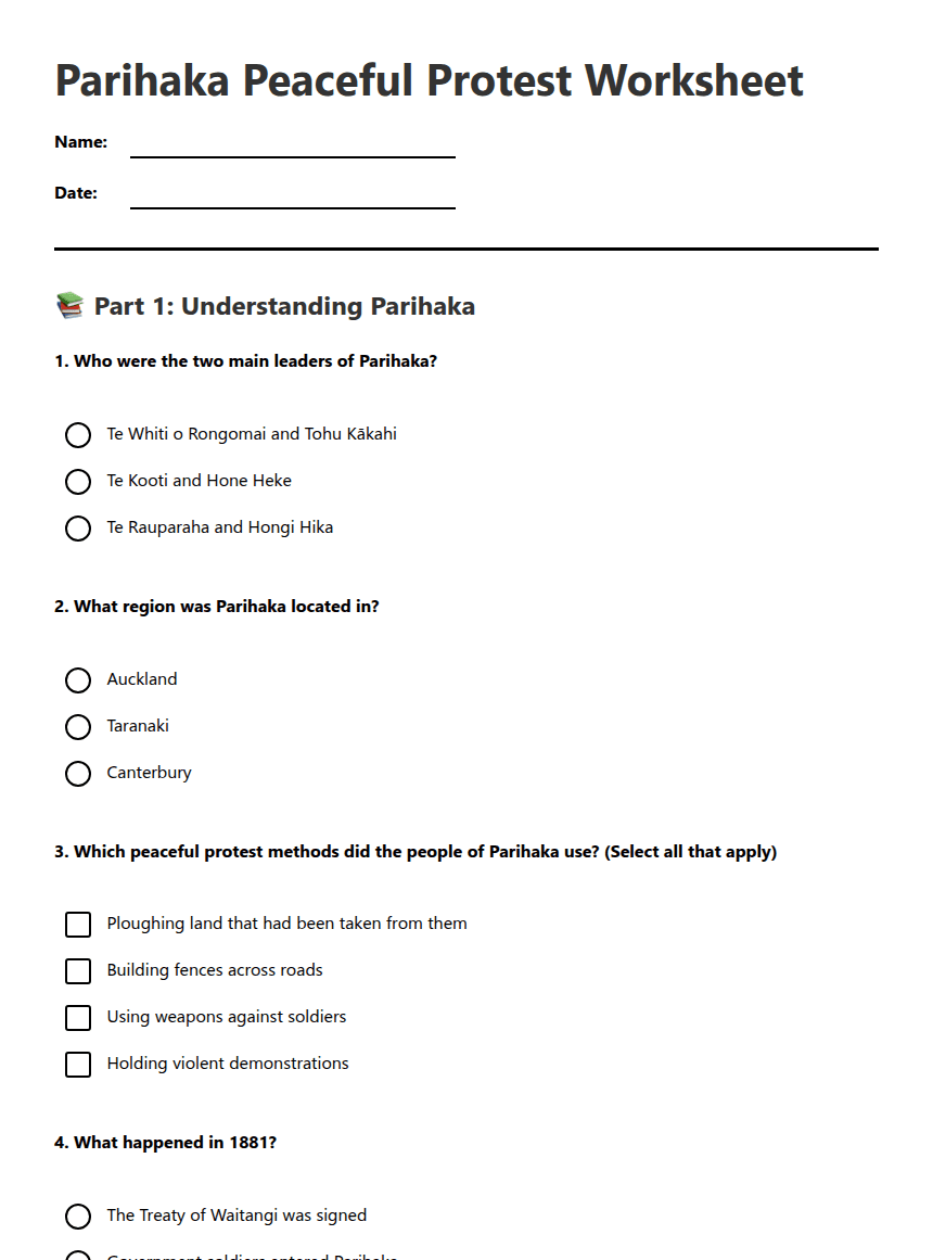 Parihaka Peaceful Protest Worksheet worksheet preview