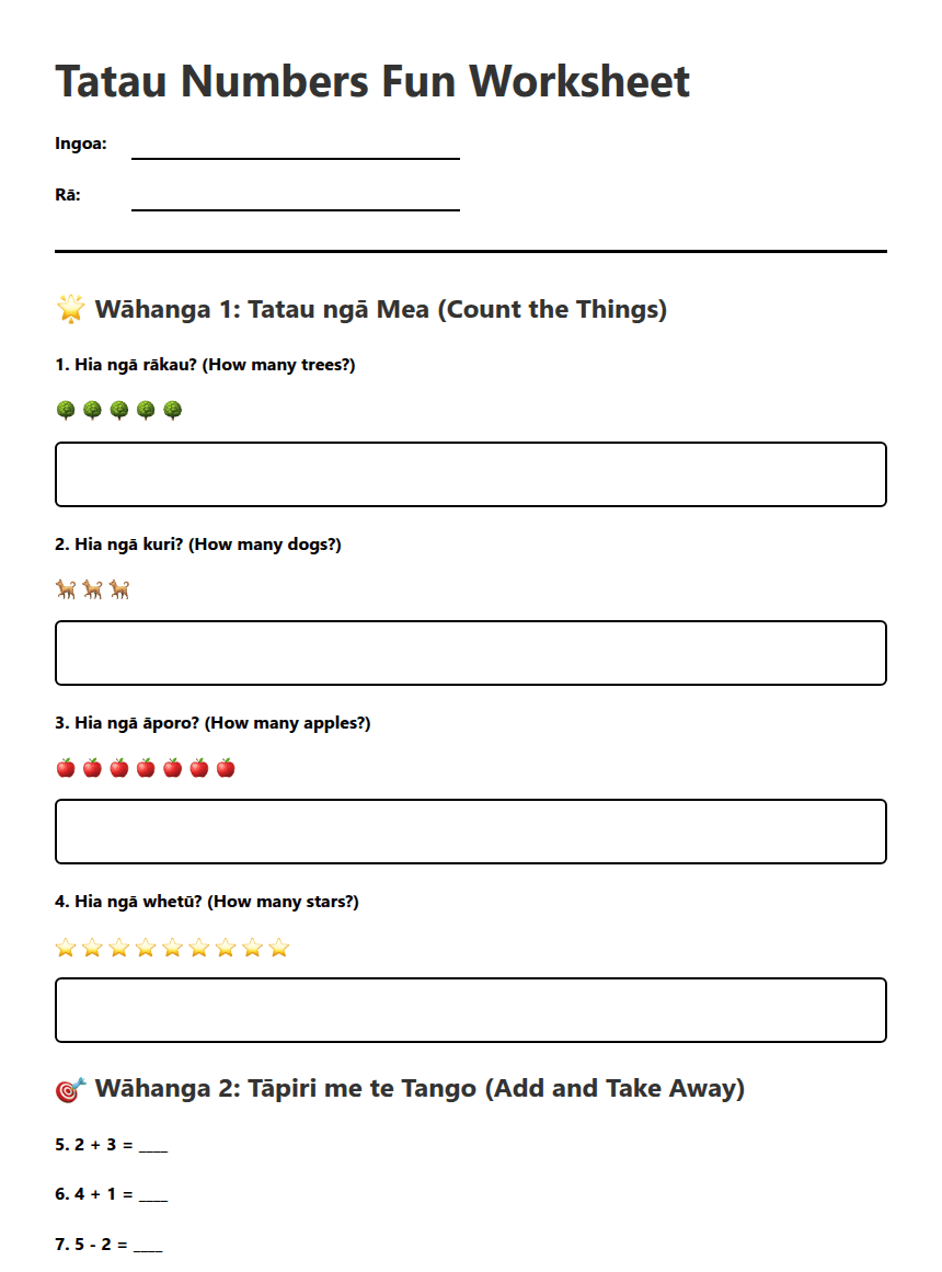 Tatau Numbers Fun Worksheet worksheet preview