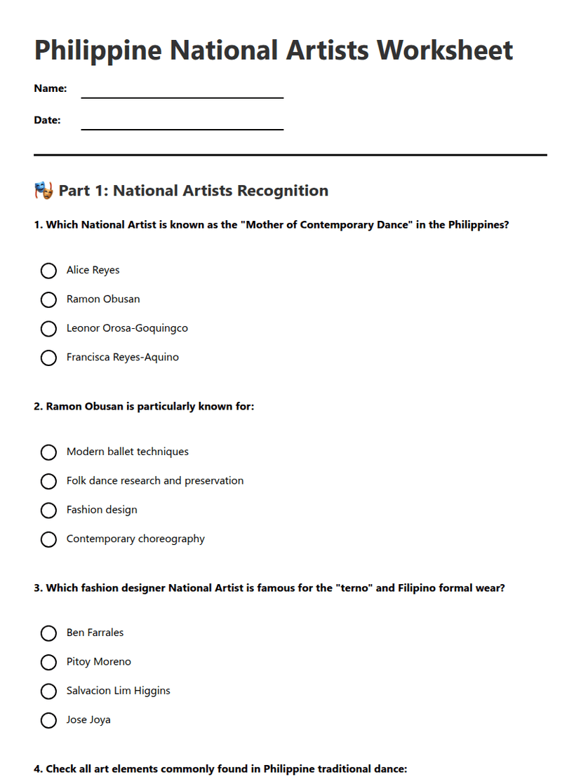 Philippine National Artists Worksheet