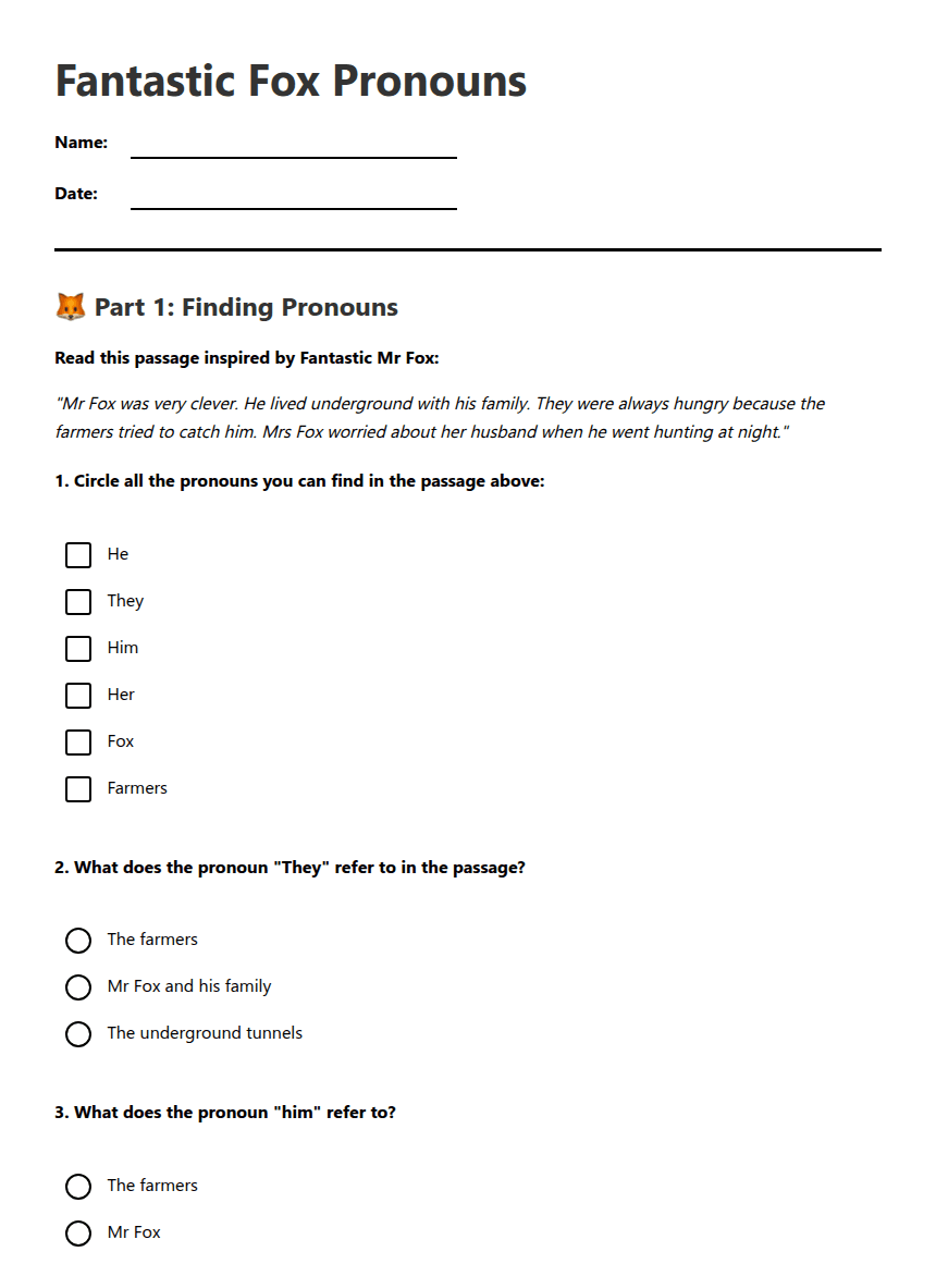 Fantastic Fox Pronouns worksheet preview