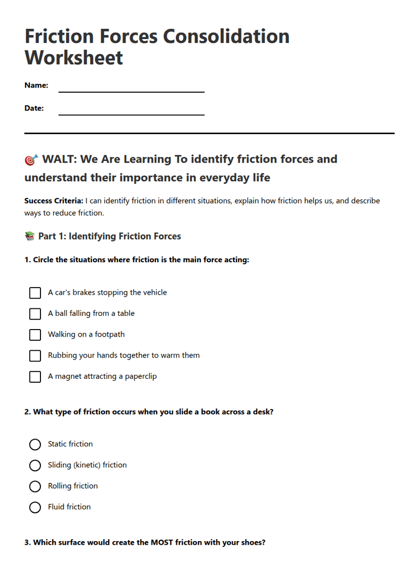 Friction Forces Consolidation Worksheet