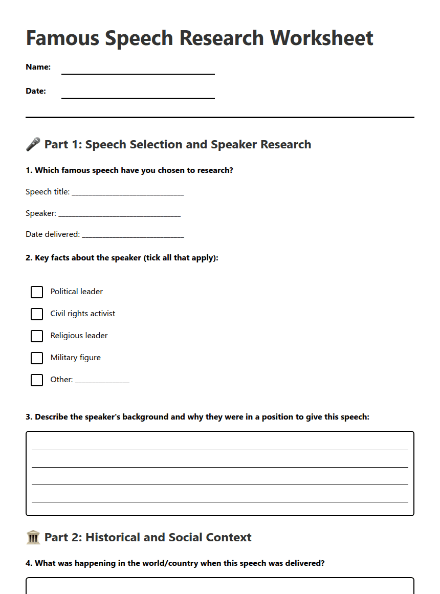 Famous Speech Research Worksheet worksheet preview