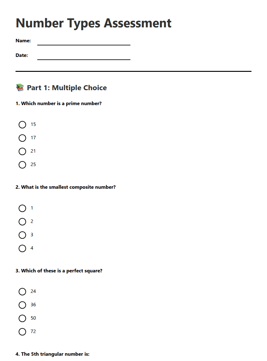 Number Types Assessment worksheet preview